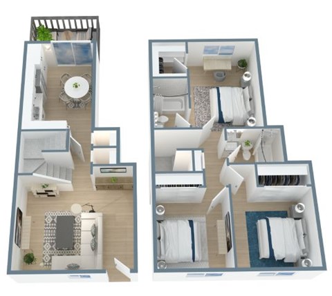 Two floor plans of a house with a living room, kitchen, and bathroom.